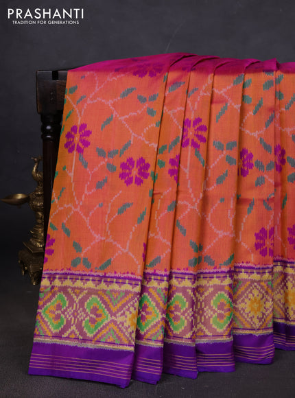 Rajkot patola silk saree dual shade of sunset orange and purple with allover ikat weaves and ikat woven border