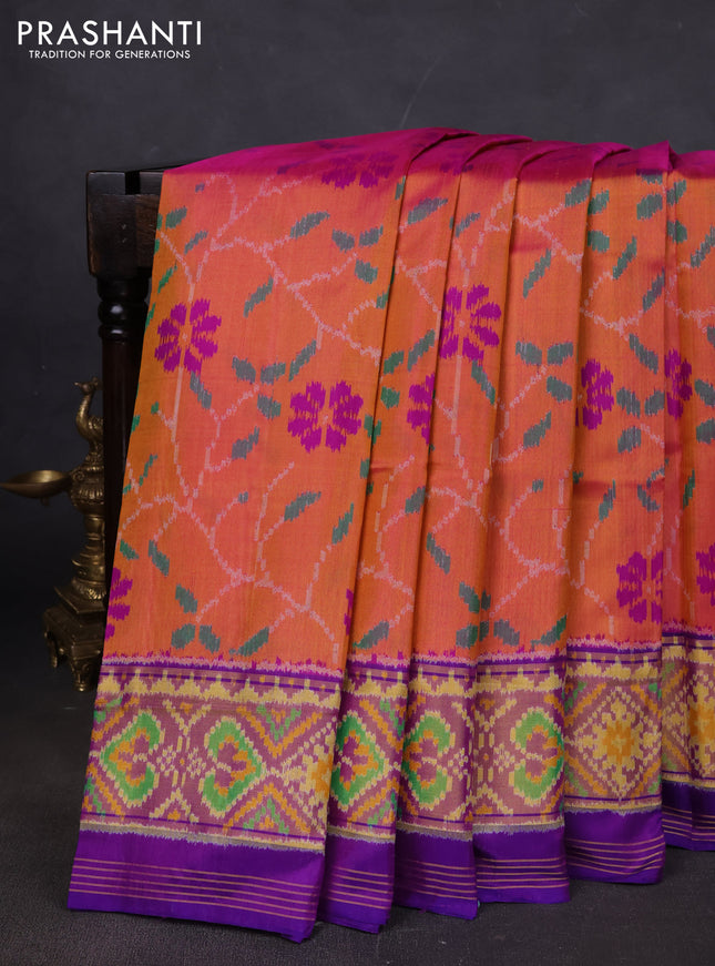 Rajkot patola silk saree dual shade of sunset orange and purple with allover ikat weaves and ikat woven border
