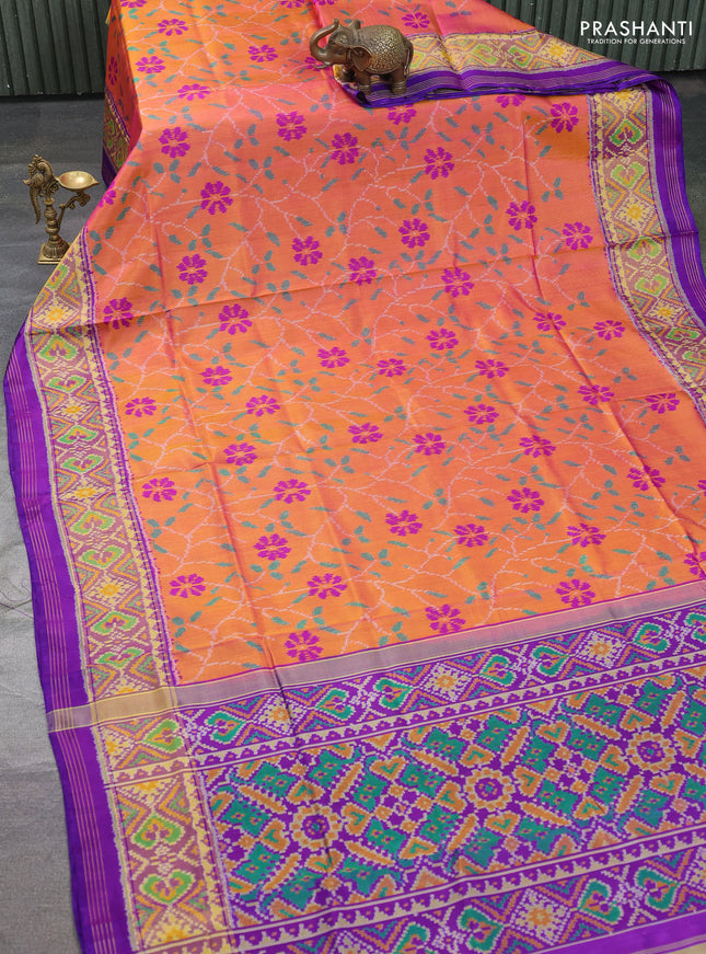 Rajkot patola silk saree dual shade of sunset orange and purple with allover ikat weaves and ikat woven border