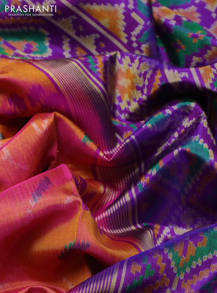 Rajkot patola silk saree dual shade of sunset orange and purple with allover ikat weaves and ikat woven border