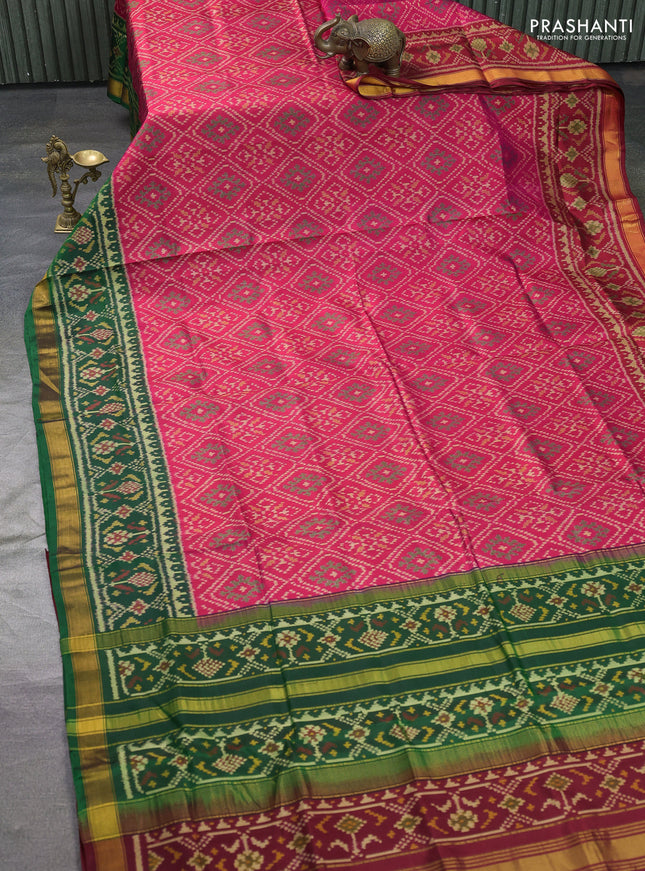 Rajkot patola silk saree pink and green maroon with allover ikat weaves and ganga jamuna border
