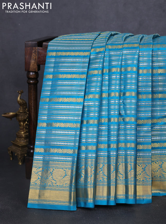 Pure kanchipuram silk saree teal blue with allover veldhari zari weaves and rich zari woven border