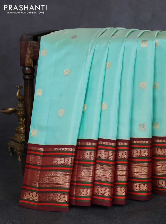 Pure kanchipuram silk saree teal blue and deep maroon with zari woven buttas and rich zari woven korvai border