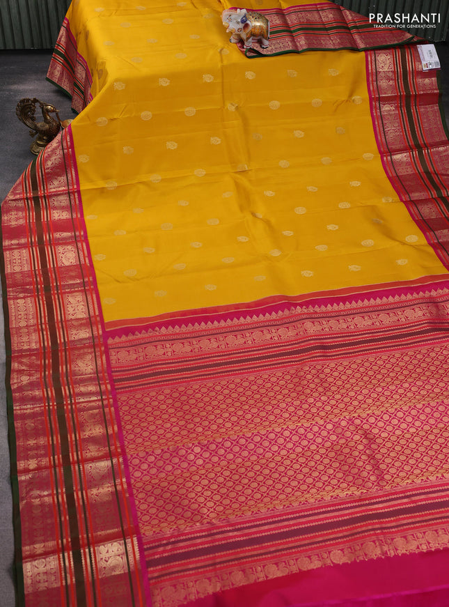 Pure kanchipuram silk saree yellow and pink with zari woven buttas and long zari woven korvai border