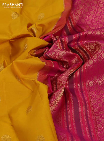 Pure kanchipuram silk saree yellow and pink with zari woven buttas and long zari woven korvai border