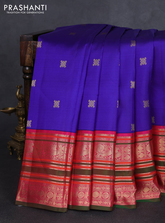 Pure kanchipuram silk saree blue and pink with zari woven buttas and long zari woven korvai border