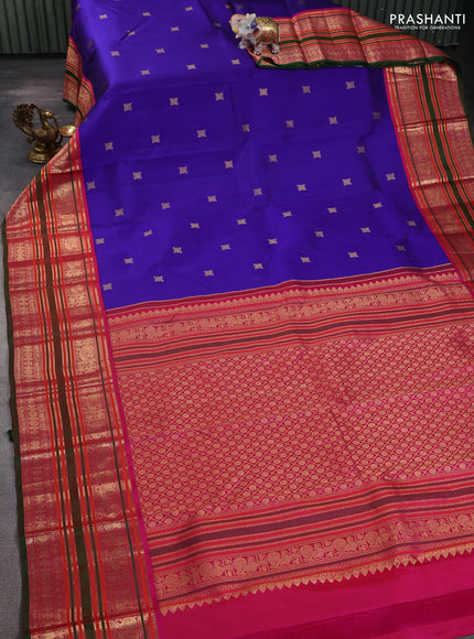 Pure kanchipuram silk saree blue and pink with zari woven buttas and long zari woven korvai border