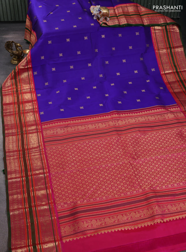 Pure kanchipuram silk saree blue and pink with zari woven buttas and long zari woven korvai border