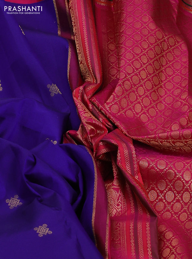 Pure kanchipuram silk saree blue and pink with zari woven buttas and long zari woven korvai border