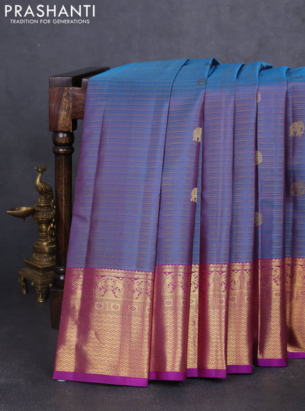 Pure kanchipuram silk saree dual shade of peacock blue and purple with allover vairosi pattern & zari buttas and rich zari woven border
