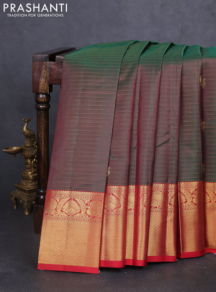 Pure kanchipuram silk saree dual shade of bottle green and kumkum red with allover vairosi pattern & zari buttas and rich zari woven border