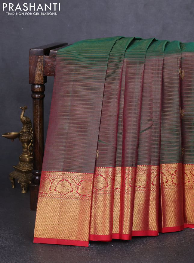 Pure kanchipuram silk saree dual shade of bottle green and kumkum red with allover vairosi pattern & zari buttas and rich zari woven border