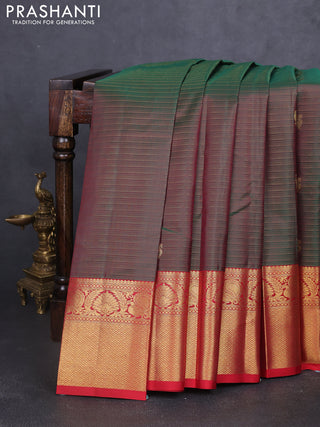 Pure kanchipuram silk saree dual shade of bottle green and kumkum red with allover vairosi pattern & zari buttas and rich zari woven border