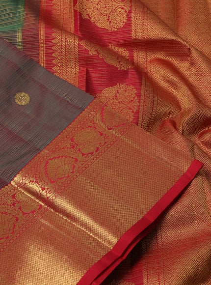 Pure kanchipuram silk saree dual shade of bottle green and kumkum red with allover vairosi pattern & zari buttas and rich zari woven border