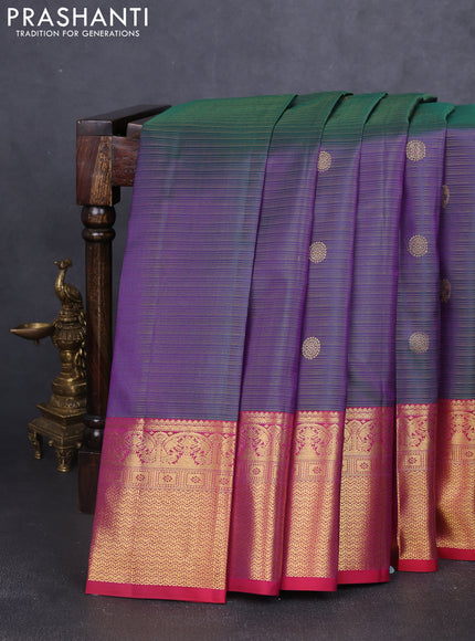 Pure kanchipuram silk saree dual shade of greenish purple and pink with allover vairosi pattern & zari buttas and rich zari woven border