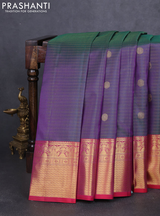 Pure kanchipuram silk saree dual shade of greenish purple and pink with allover vairosi pattern & zari buttas and rich zari woven border