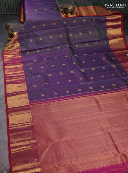 Pure kanchipuram silk saree dual shade of greenish purple and pink with allover vairosi pattern & zari buttas and rich zari woven border