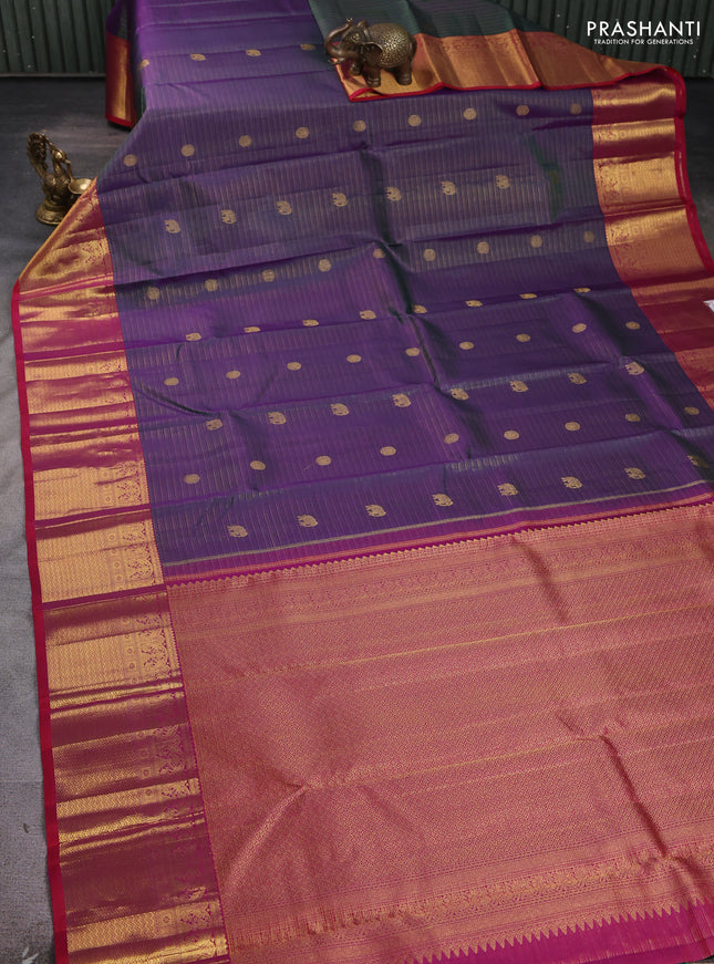 Pure kanchipuram silk saree dual shade of greenish purple and pink with allover vairosi pattern & zari buttas and rich zari woven border