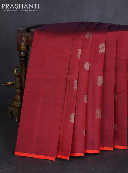 Pure kanchipuram silk saree maroon and orange with annam & rudhraksha zari woven buttas and piping border