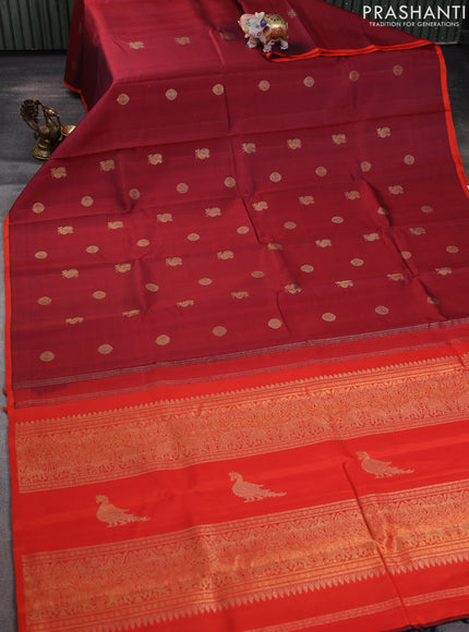 Pure kanchipuram silk saree maroon and orange with annam & rudhraksha zari woven buttas and piping border