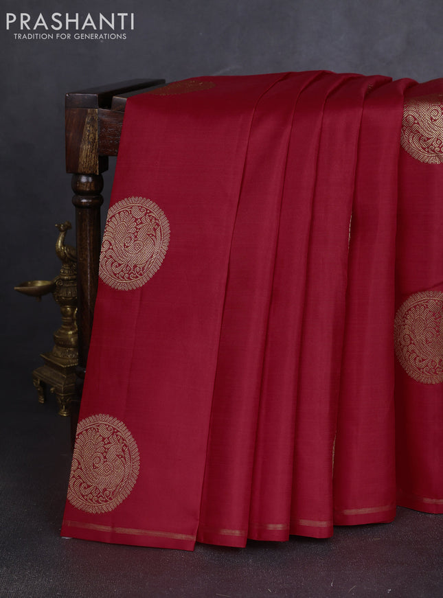 Pure kanchipuram silk saree red with annam zari woven buttas in borderless style