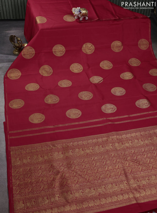 Pure kanchipuram silk saree red with annam zari woven buttas in borderless style