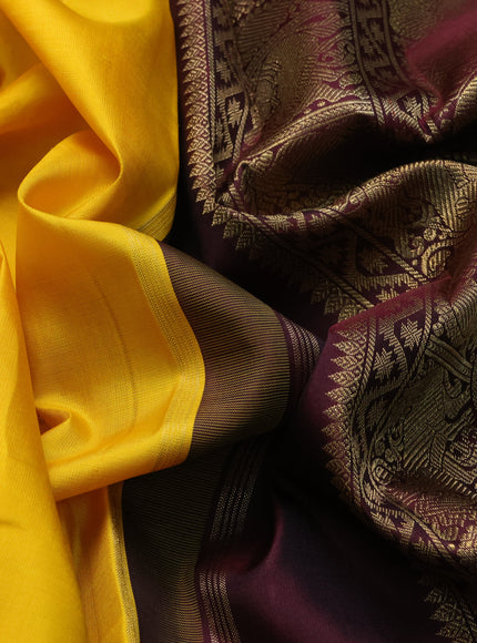 Pure kanchipuram silk saree yellow and deep maroon with zari woven buttas in borderless style