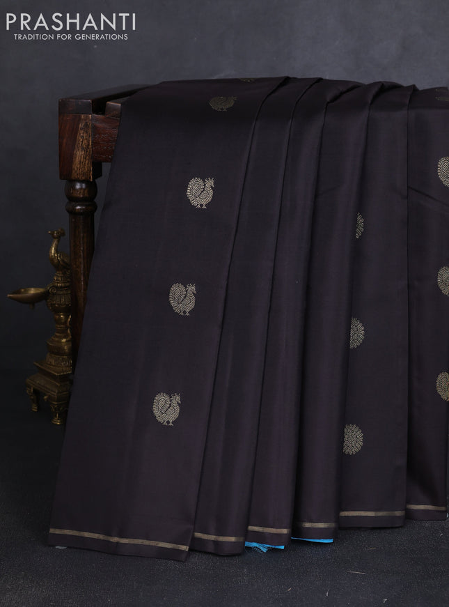 Pure kanchipuram silk saree deep coffee brown and light blue with annam & rudhraksha zari woven buttas in borderless style