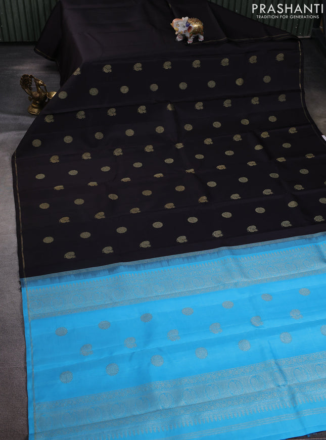 Pure kanchipuram silk saree deep coffee brown and light blue with annam & rudhraksha zari woven buttas in borderless style