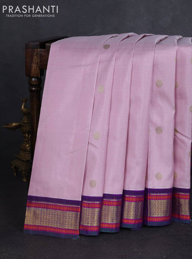 Pure kanchipuram silk saree pastel pink and violet with zari woven buttas and zari woven korvai border