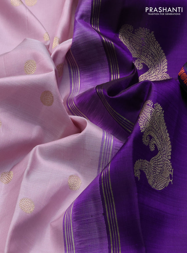 Pure kanchipuram silk saree pastel pink and violet with zari woven buttas and zari woven korvai border