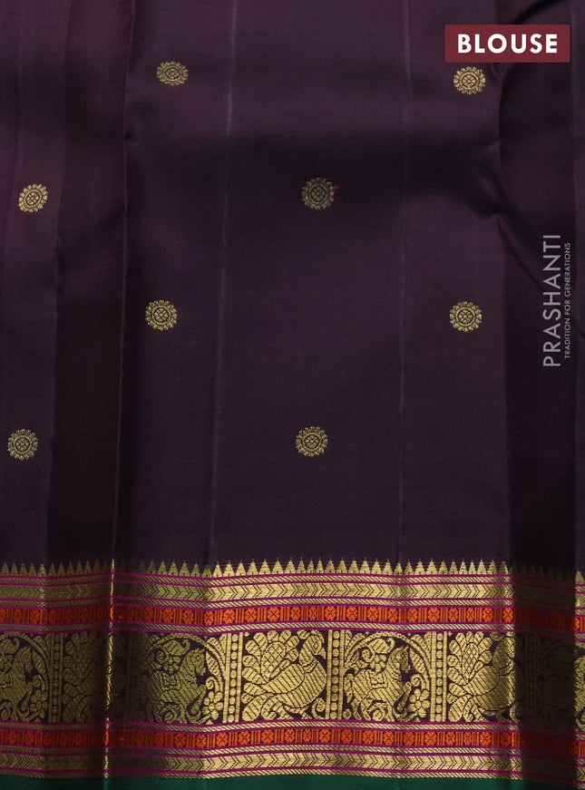 Pure kanchipuram silk saree pastel green and green coffee brown with zari woven buttas and zari woven korvai border