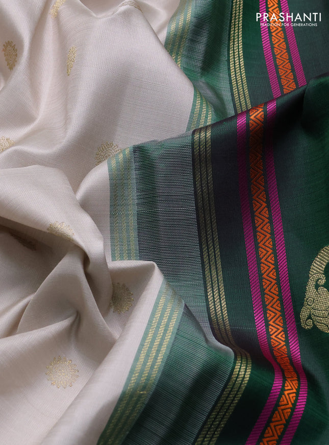 Pure kanchipuram silk saree beige and green maroon with zari woven buttas and ganga jamuna border