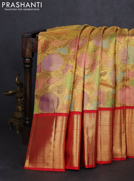 Pure kanchipuram tissue silk saree gold and red with allover zari woven brocade weaves and long zari woven border