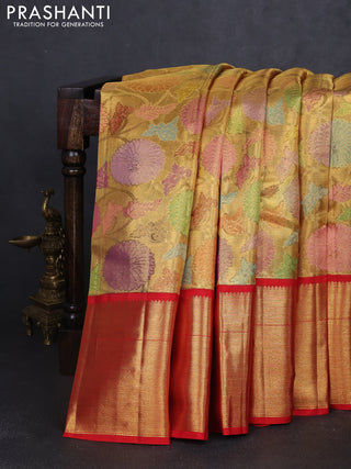 Pure kanchipuram tissue silk saree gold and red with allover zari woven brocade weaves and long zari woven border