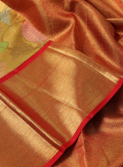 Pure kanchipuram tissue silk saree gold and red with allover zari woven brocade weaves and long zari woven border