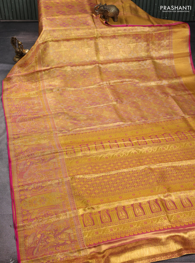 Pure kanchipuram tissue silk saree gold and golden pink with allover zari woven brocade weaves and long zari woven border
