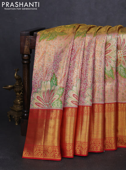 Pure kanchipuram tissue silk saree dual shade of golden pink and red with allover parrot zari woven brocade weaves and long zari woven border