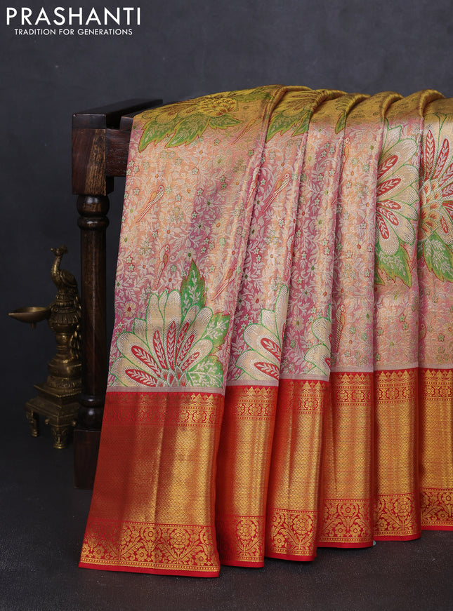 Pure kanchipuram tissue silk saree dual shade of golden pink and red with allover parrot zari woven brocade weaves and long zari woven border