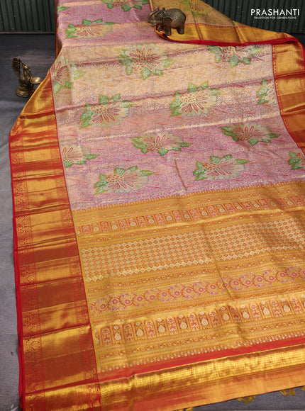 Pure kanchipuram tissue silk saree dual shade of golden pink and red with allover parrot zari woven brocade weaves and long zari woven border