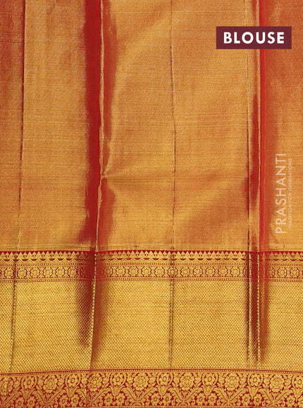 Pure kanchipuram tissue silk saree dual shade of golden pink and red with allover parrot zari woven brocade weaves and long zari woven border