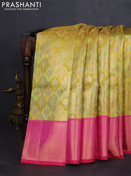Pure kanchipuram tissue silk saree gold lime yellow and pink with allover zari woven brocade weaves and rich zari woven korvai border