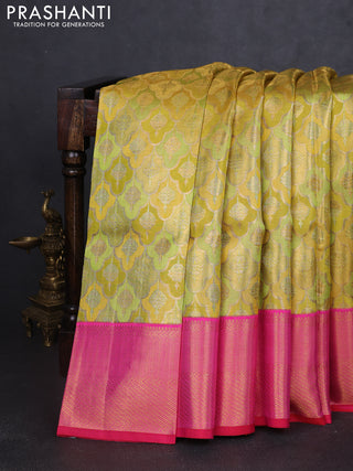 Pure kanchipuram tissue silk saree gold lime yellow and pink with allover zari woven brocade weaves and rich zari woven korvai border