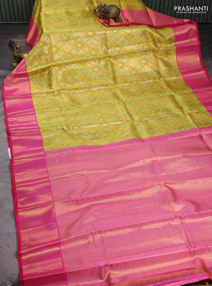 Pure kanchipuram tissue silk saree gold lime yellow and pink with allover zari woven brocade weaves and rich zari woven korvai border