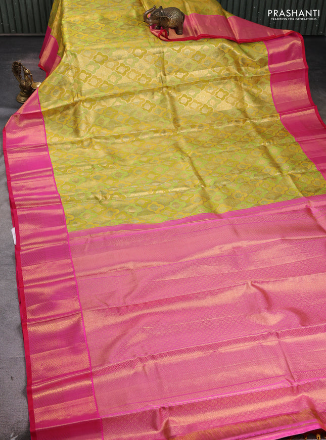 Pure kanchipuram tissue silk saree gold lime yellow and pink with allover zari woven brocade weaves and rich zari woven korvai border