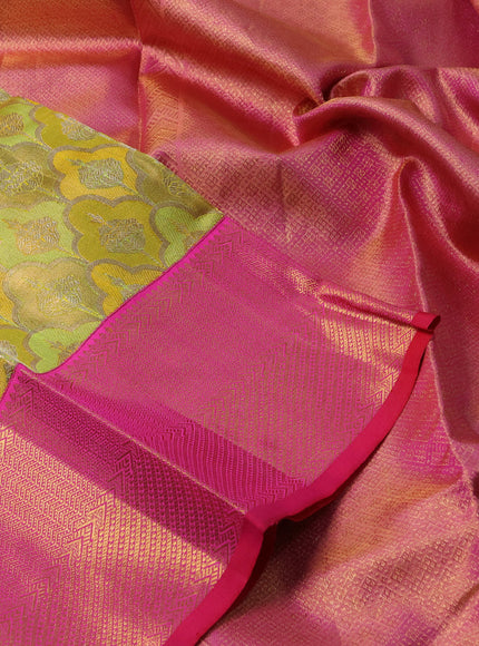 Pure kanchipuram tissue silk saree gold lime yellow and pink with allover zari woven brocade weaves and rich zari woven korvai border