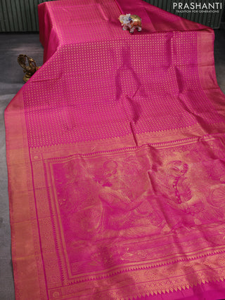 Pure kanchipuram silk saree rani pink with allover zari woven brocade weaves and krishnar weaving pallu