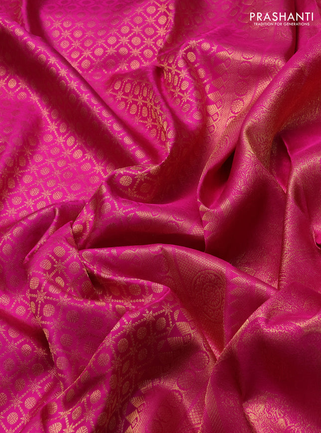 Pure kanchipuram silk saree rani pink with allover zari woven brocade weaves and krishnar weaving pallu