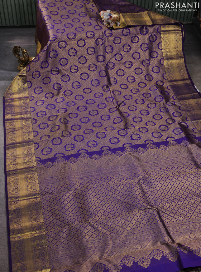 Pure kanchipuram silk saree violet with allover zari woven brocade weaves and rich zari woven border