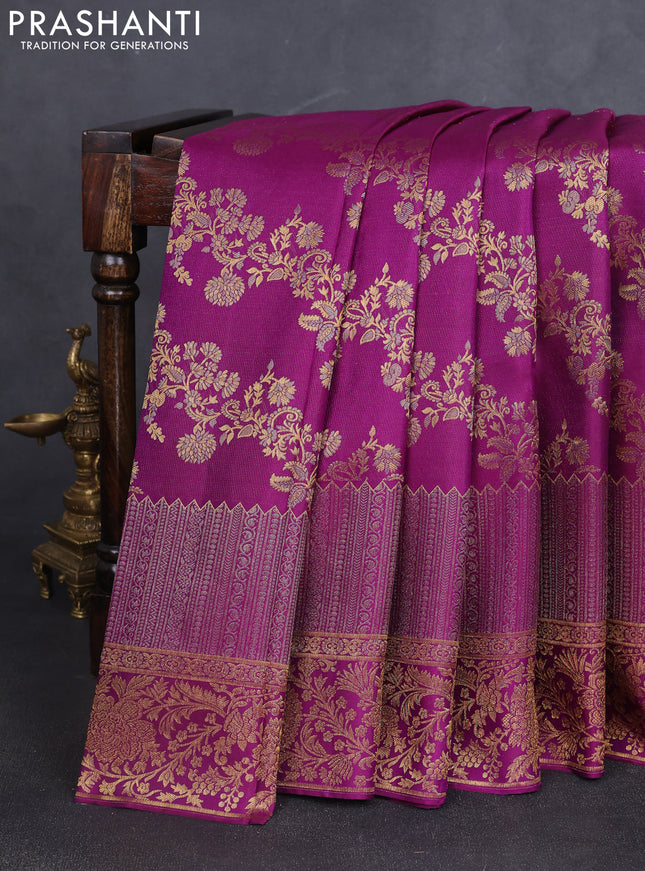 Pure kanchipuram silk saree purple with allover zari woven brocade weaves and long zari woven floral border